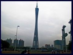 Canton Tower, opposite Zhujiang New Town, built 2010, is 600m tall to the top. Twice as tall as the Eiffel Tower, it was the world's tallest freestanding tower for 2 years, now it is 5th tallest.